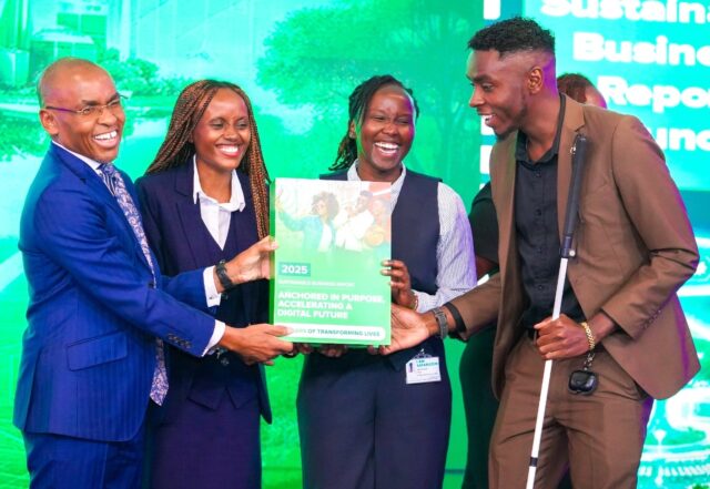 From Left Safaricom CEO, Dr. Peter Ndegwa, Joyce Karimi of Mazingira Hub, Janet Kangogo Engineer at Safaricom and Advocable programme manager at inABLE Julius Mbura unveiling the S